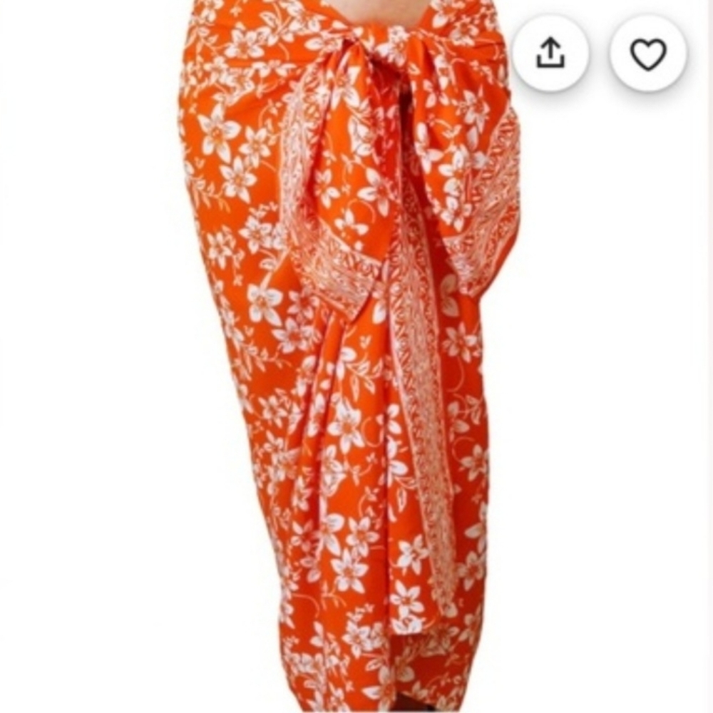 Hawaiian Batik Print Tangerine Orange White Large Beach Wrap Skirt Shawl Rayon